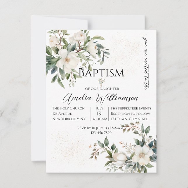 Sage Green Floral Baptism Invitation (Front)