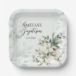 Sage Green Floral Baptism Paper Plates