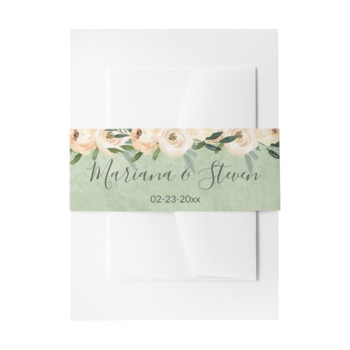 Sage Green Floral Beige Flowers Gold Wedding   Invitation Belly Band