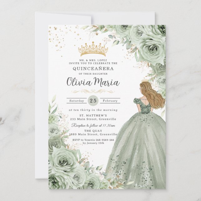 Sage Green Floral Blonde Princess Quinceañera  Invitation (Front)