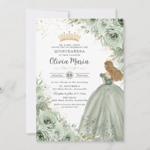 Sage Green Floral Blonde Princess Quinceaera  Invitation