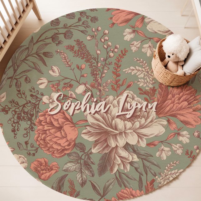  Sage Green Floral Blooms Custom Name Nursery Rug (Creator Uploaded)
