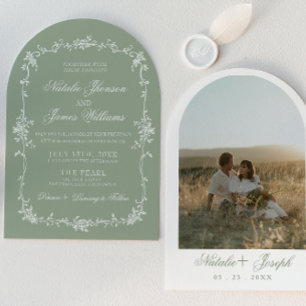 Sage Green Floral Boho Botanical Arched Wedding Invitation