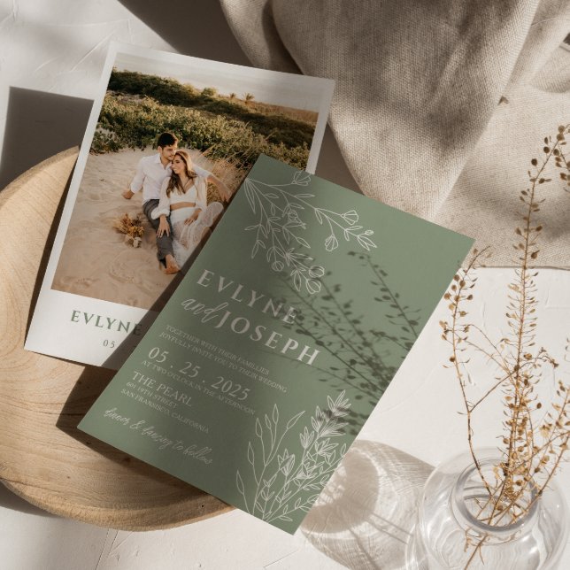 Sage Green Floral Boho Botanical Modern Wedding    Invitation