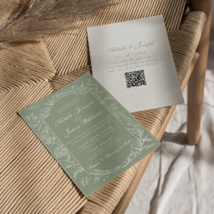 Sage Green Floral Boho Botanical QR Code Wedding Invitation