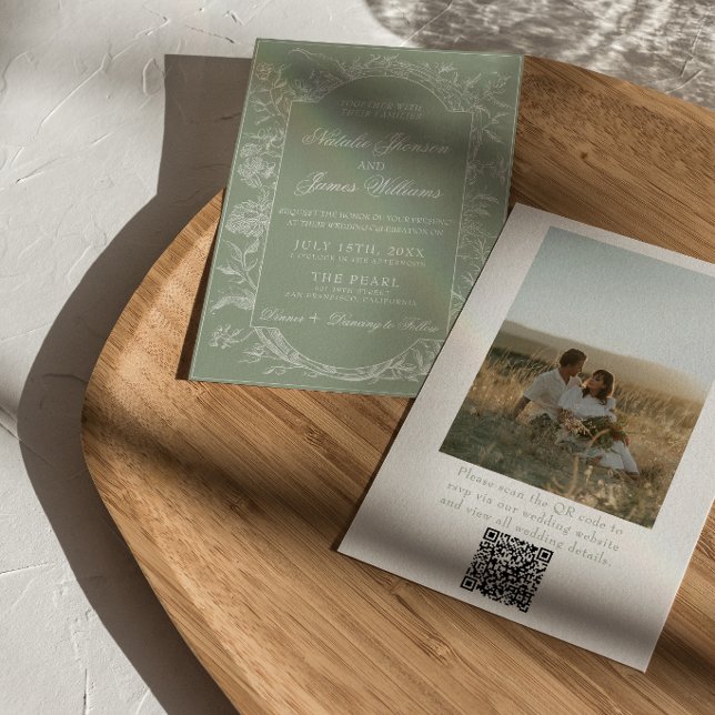  Sage Green Floral Boho QR Code Photo Wedding Invitation (Creator Uploaded)