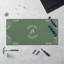 Sage Green Floral Border Custom Name Desk Mat