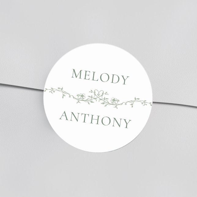 Sage Green Floral Border Elegant Wedding Classic Round Sticker (Creator Uploaded)