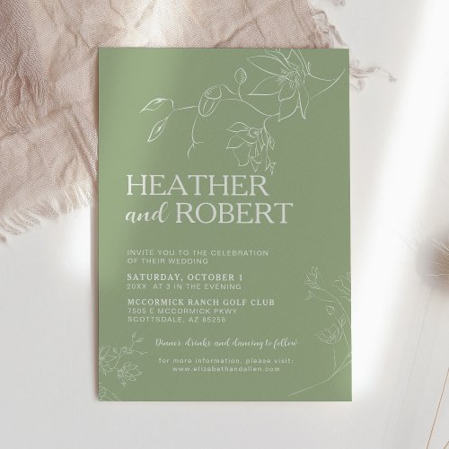 Sage Green Floral Botanical Boho Simple Wedding Invitation