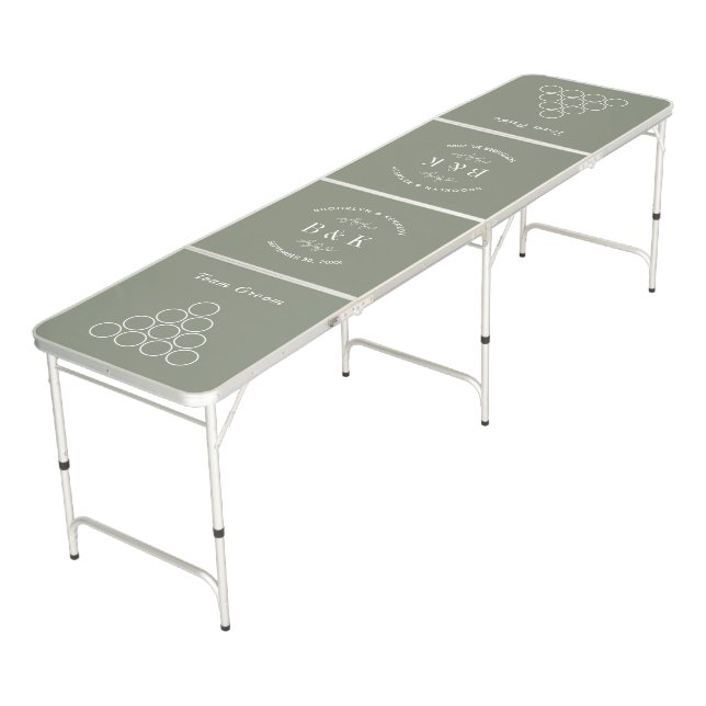 Sage Green Floral Botanical Monogram Couple Name Beer Pong Table (Angled)