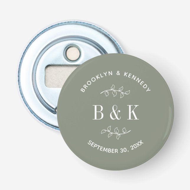Sage Green Floral Botanical Monogram Couple Name Bottle Opener (Front)
