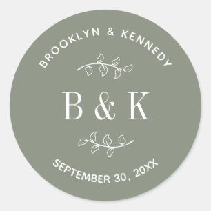 Sage Green Floral Botanical Monogram Couple Name Classic Round Sticker