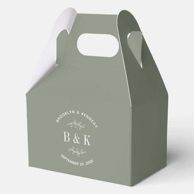Sage Green Floral Botanical Monogram Couple Name Favor Boxes (Front)