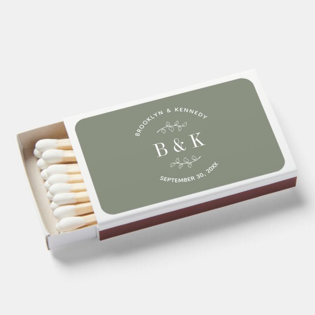 Sage Green Floral Botanical Monogram Couple Name Matchboxes (Front Open)
