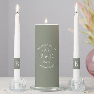 Sage Green Floral Botanical Monogram Couple Name Unity Candle Set