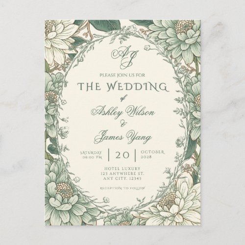 Sage Green Floral Botanical Wedding Invitation Postcard