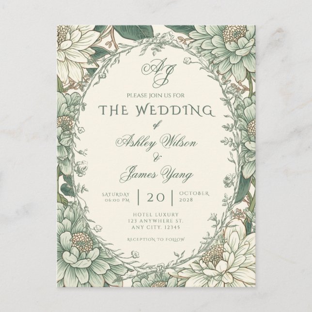 Sage Green Floral Botanical Wedding Invitation Postcard (Front)