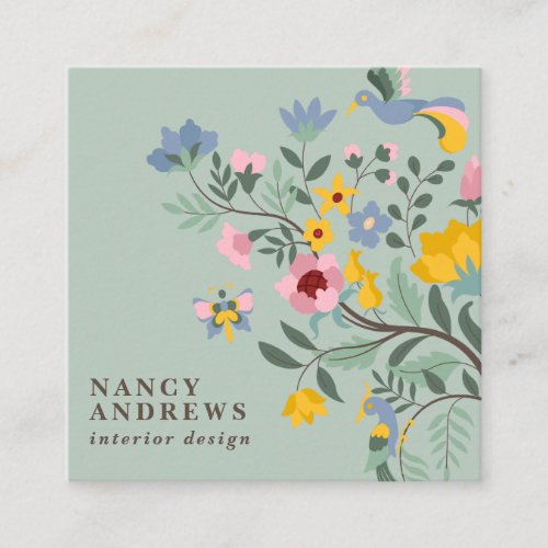 Sage green floral bouquet whimsical illustration square business card