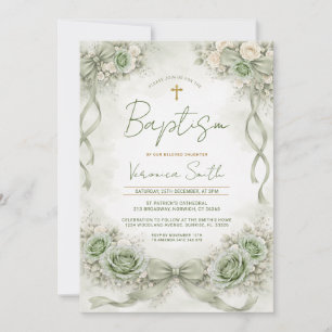 Sage Green Floral Bow Baptism Christening Invite