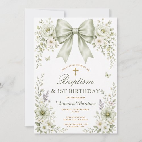 Sage Green Floral Bow Baptism &amp; First Birthday Invitation