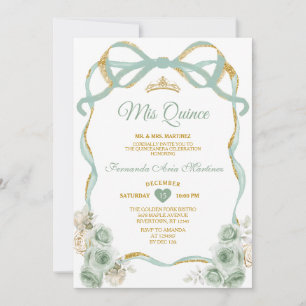 Sage Green Floral Bow Ribbon Gold Crown Mis Quince Invitation