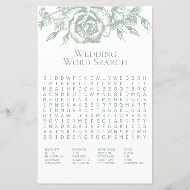 Sage Green Floral Bridal Shower Word Search (Front)