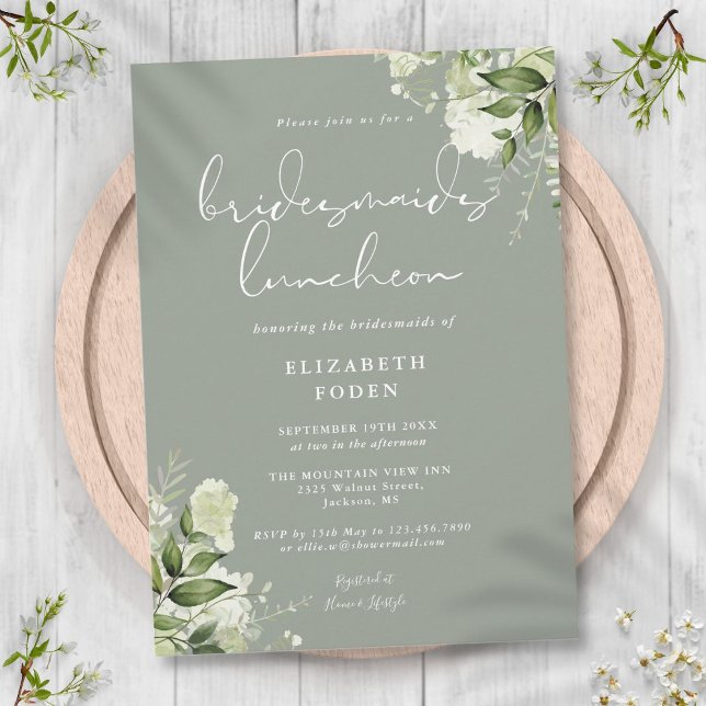 Sage Green Floral Bridesmaids Luncheon Invitation (Sage Green Floral Bridesmaids Luncheon Invitation)