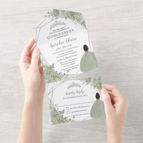 Sage Green Floral Brown Girl 15 Silver Quinceanera All In One Invitation