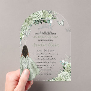Sage Green Floral Brown Girl Quinceañera XV Arch Acrylic Invitations