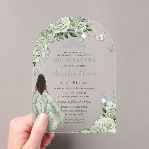 Sage Green Floral Brown Girl Quincea&#241;era XV Arch Acrylic Invitations