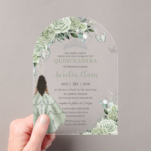 Sage Green Floral Brown Girl Quinceañera XV Arch Acrylic Invitations (Insitu (Handheld))