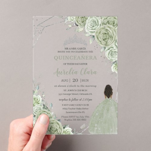 Sage Green Floral Brown Girl Silver 15 Quincea&#241;era Acrylic Invitations