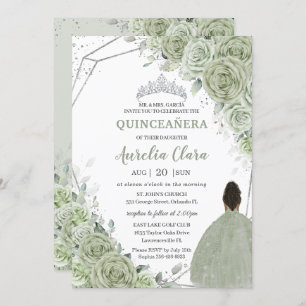 Sage Green Floral Brown Girl Silver 15 Quinceañera Invitation