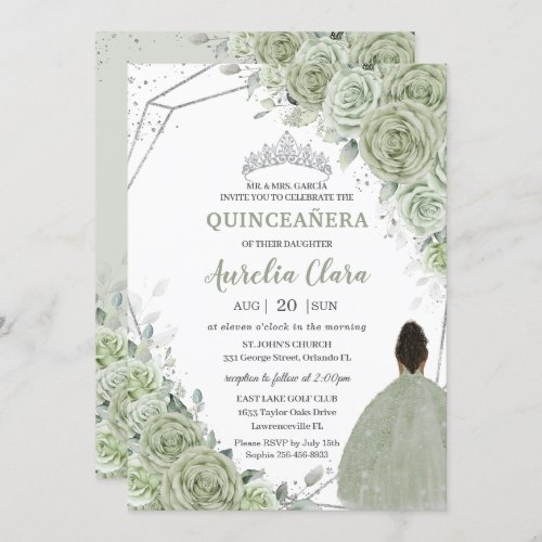 Sage Green Floral Brown Girl Silver 15 Quincea&#241;era Invitation