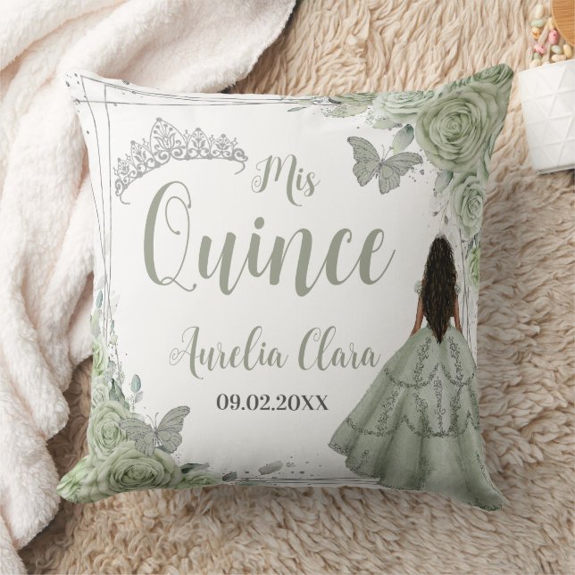Sage Green Floral Brown Girl Silver 15 Quinceañera Throw Pillow (Blanket)