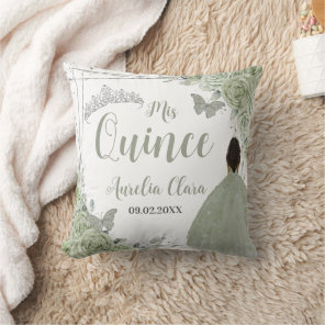 Sage Green Floral Brown Girl Silver 15 Quinceañera Throw Pillow