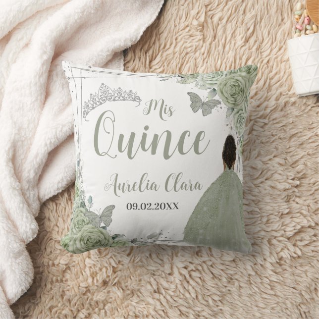 Sage Green Floral Brown Girl Silver 15 Quinceañera Throw Pillow (Blanket)
