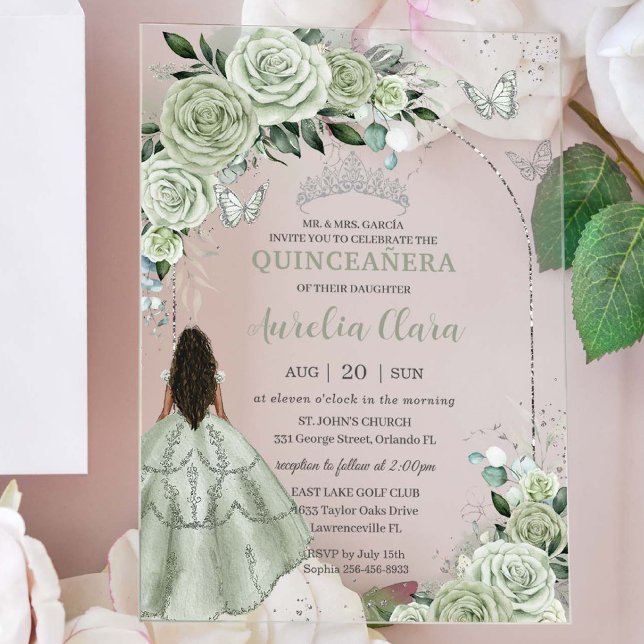Sage Green Floral Brown Girl Silver Quinceañera Acrylic Invitations (Creator Uploaded)