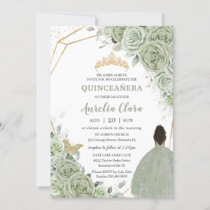 Sage Green Floral Brown Princess Gold Quinceañera Invitation