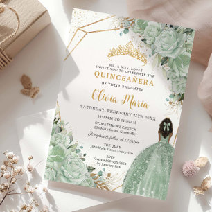 Sage Green Floral Brown Princess Gold Quinceañera Invitation