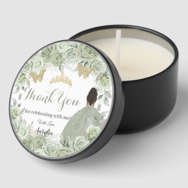 Sage Green Floral Brown Princess Gold Quinceanera Mini Candle Favors (Corner)