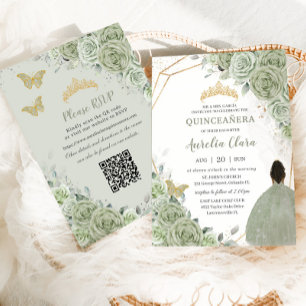 Sage Green Floral Brown Princess Quinceañera QR  Invitation