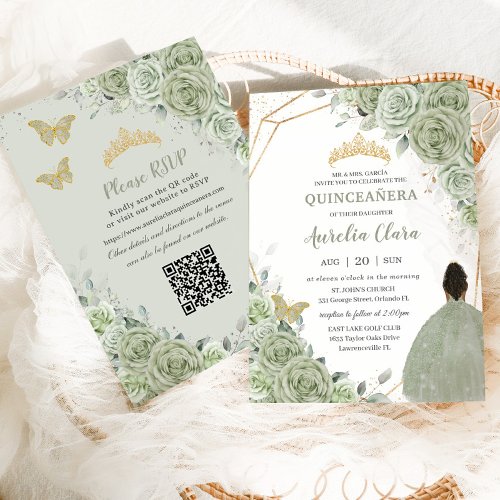 Sage Green Floral Brown Princess Quinceaera QR  Invitation