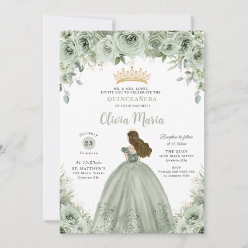 Sage Green Floral Brunette Princess Quinceaera  Invitation