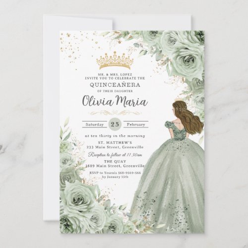 Sage Green Floral Brunette Princess Quinceaera  Invitation