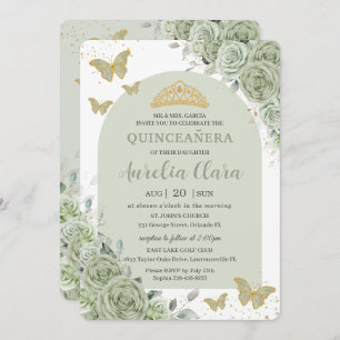 Sage Green Floral Butterflies Arch Quinceanera Invitation