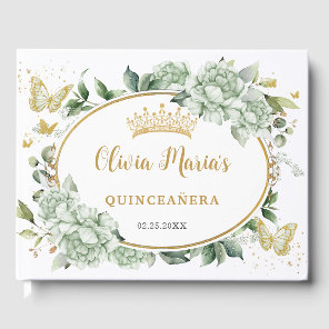 Sage Green Floral Butterflies Gold Quinceanera Guest Book