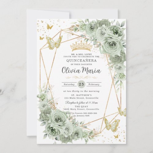 Sage Green Floral Butterflies Gold Quinceañera 
