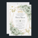 Sage Green Floral Butterflies Gold Quinceañera  Invitation<br><div class="desc">Personalize this elegant sage green floral Quinceañera / Sweet 16 birthday invitation easily and quickly. Simply click the customize it further button to edit the texts, change fonts and fonts colors. Featuring soft watercolor sage green flowers, butterflies and a gold princess crown. Perfect for quinceanera, sweet sixteen, 18th birthday, debutante...</div>