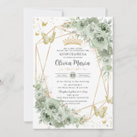 Sage Green Floral Butterflies Gold Quinceañera